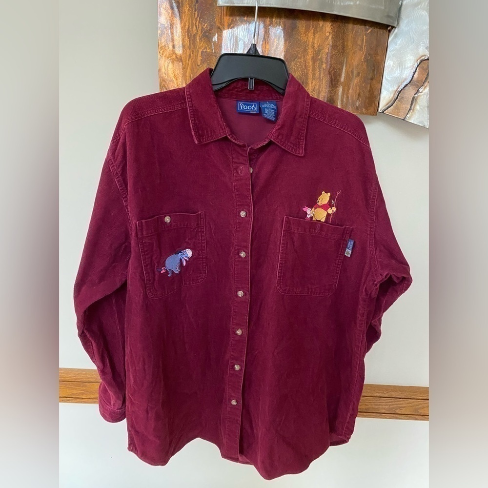 Vintage Winnie the Pooh Embroidered maroon Corduroy Velvet Buttonup Shirt Size L
